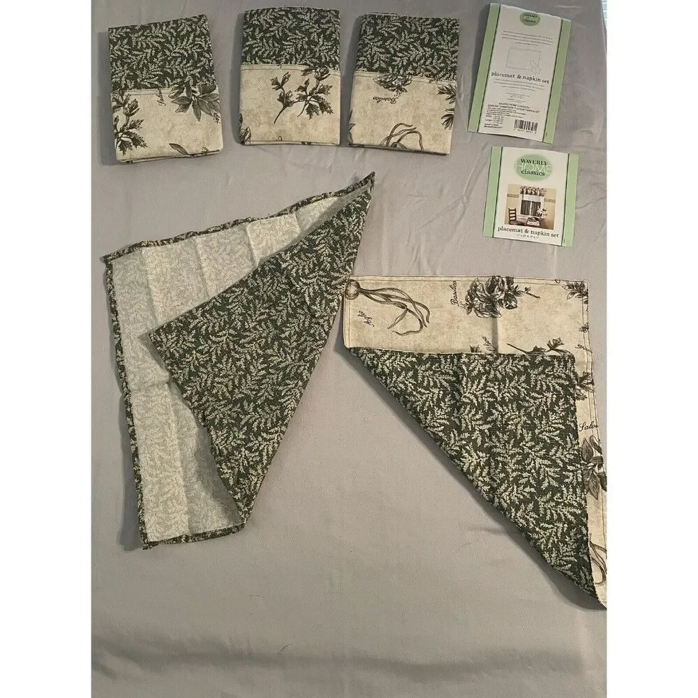 Waverly Placemats And Napkins Set Of 4 Green And Beige New